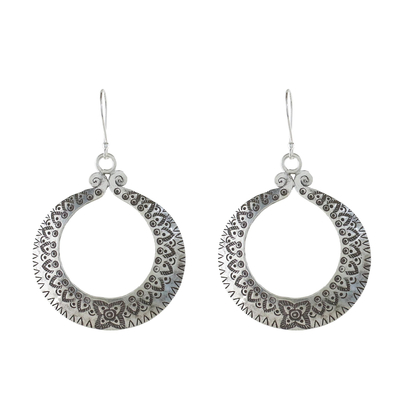 Silver dangle earrings, 'Floral Karen Rings' - Floral Karen Silver Dangle Earrings from Thailand
