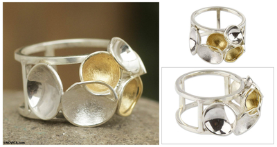 Gold accent band ring, 'Constellation' - Fair Trade Jewelry Brushed Silver Ring with 18k Gold Accents