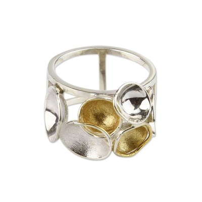 Gold accent band ring, 'Constellation' - Fair Trade Jewelry Brushed Silver Ring with 18k Gold Accents