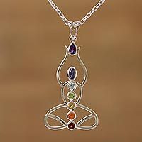 Multi-gemstone pendant necklace, 'Harmonious Mind' - Multi-Gemstone Chakra Meditation Pendant Necklace from India