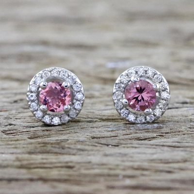 Tourmaline stud earrings, 'Glamour and Grace' - Pink Tourmaline and Cubic Zirconia Stud Earrings