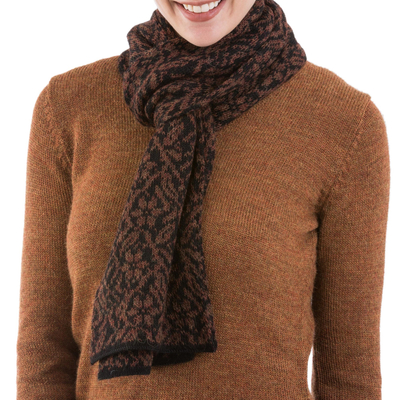 100% alpaca scarf, 'Floral Andes' - 100% Alpaca Knit Floral Wrap Scarf in Black and Brick