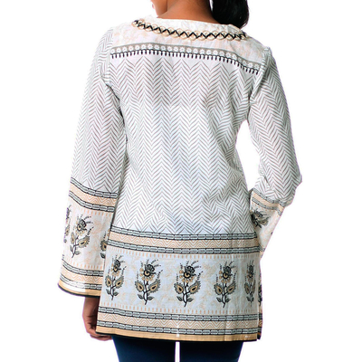 Beaded cotton tunic, 'Golden Magic' - Cotton Block Print Tunic with Beadwork and Sequins