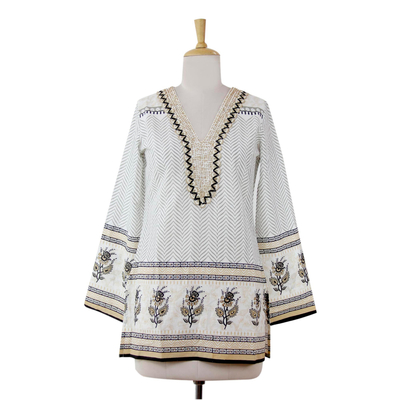 Beaded cotton tunic, 'Golden Magic' - Cotton Block Print Tunic with Beadwork and Sequins