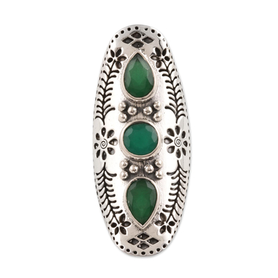 Onyx cocktail ring, 'Forest Dazzle' - Floral Green Onyx Cocktail Ring from India