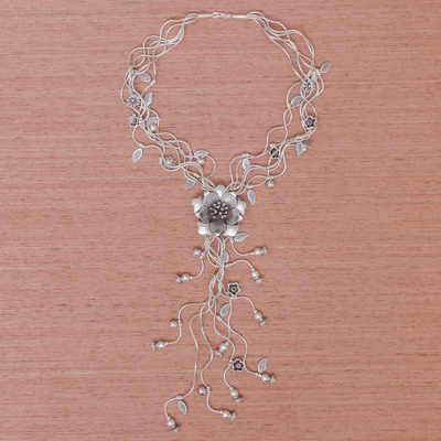 Silver Y-necklace, 'Flowery Cascade' - Stunning Floral Cascading Y-Necklace in 950 Silver