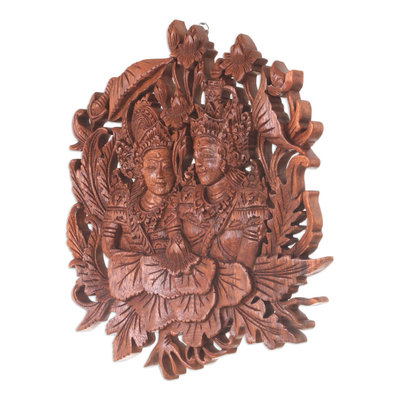 Panel en relieve de madera, 'Rama and Sita's True Love' - Escultura de pared con panel en relieve de Sita y Rama de Bali