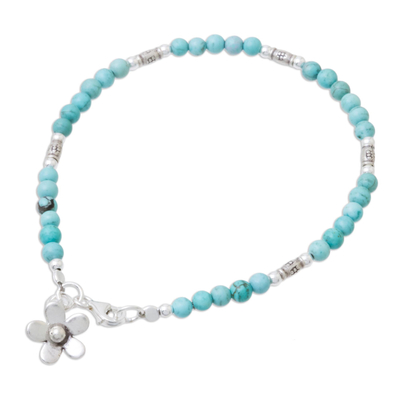 Magnesite charm bracelet, 'Sky Garden' - Blue Magnesite Sterling Silver Beaded Flower Charm Bracelet