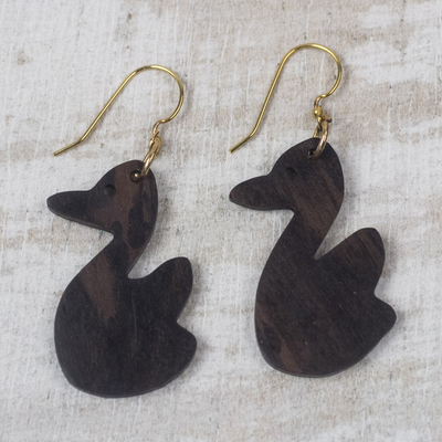 Ebony wood dangle earrings, 'Duck Duo' - Handcrafted Duck Ebony Wood Dangle Earrings from Ghana