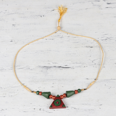 Coconut shell pendant necklace, 'Dancing Rock' - Indian Coconut Shell and Ivory Wood Triangle Long Necklace