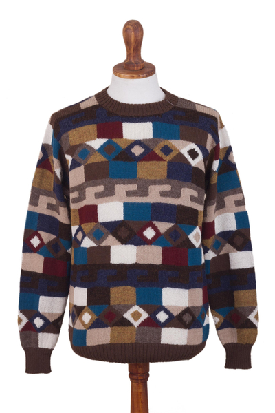Men's 100% alpaca intarsia knit sweater, 'Adventure Geometry' - Geometric Intarsia Knit 100% Alpaca Men's Sweater