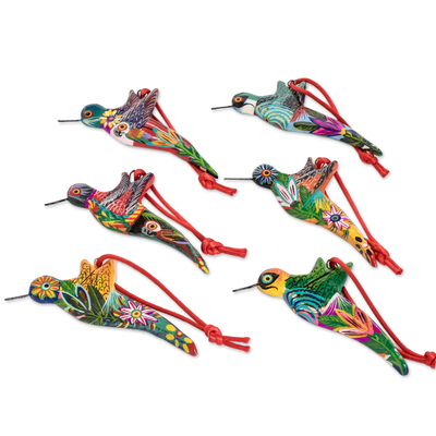 Ceramic ornaments, 'Guatemalan Hummingbirds' (set of 6) - 6 Ceramic Hummingbird Ornaments Handcrafted in Guatemala