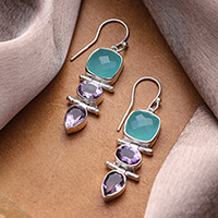 Amethyst and chalcedony dangle earrings, 'Glittering Muse'