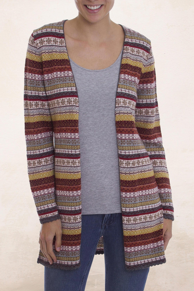 100% alpaca cardigan, 'Pattern Cornucopia' - Multi-Color Patterned Striped 100% Alpaca Knit Cardigan