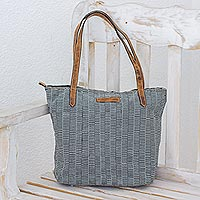 Leather-accented cotton tote bag, 'City Traveler' - Black and White Striped Hand Woven Cotton Tote Bag