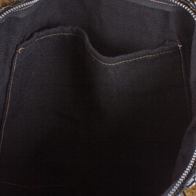 Tragetasche aus Baumwolle mit Lederakzenten - Schwarz-weiß gestreifte handgewebte Baumwoll-Einkaufstasche