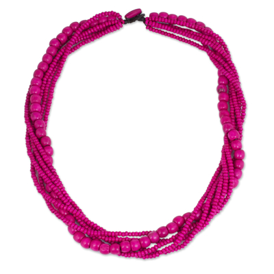 Wood beaded necklace, 'Tropical Dance' - Fair Trade Long Wood Beaded Hot Pink Strand Necklace