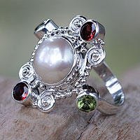 Cultured pearl and garnet cocktail ring, 'Moon and Stars' - Artisan Crafted Cultured Pearl and Garnet Ring with Peridot