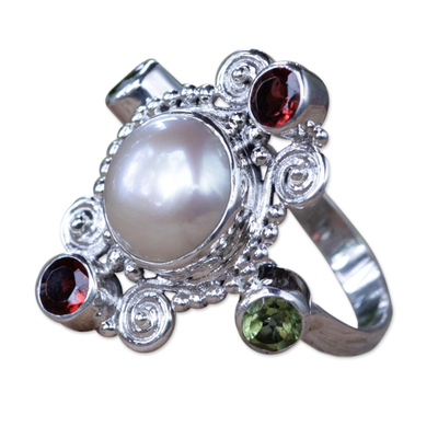 Cultured pearl and garnet cocktail ring, 'Moon and Stars' - Artisan Crafted Cultured Pearl and Garnet Ring with Peridot