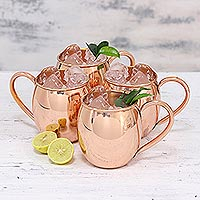 Copper mugs, 'Quality Time' (set of 4) - Four Simple Artisan Crafted Copper Mugs from India