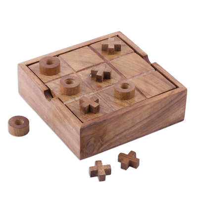 Wood 2-in-1 board game, 'Indoor Fun' - Wood and Glass 2-in-1 Board Game from India