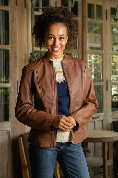 Women's Leather jacket 'Stylish Elegance'  - Moto Style Leather Jacket in Cinnamon