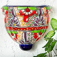 Ceramic wall planter, 'Talavera Garden' - Ceramic Wall Planter Hand Crafted in Mexico