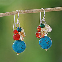 Multi-gemstone dangle earrings, 'Colorful Wonder' - Multi-Gemstone Beaded Dangle Earrings from Thailand