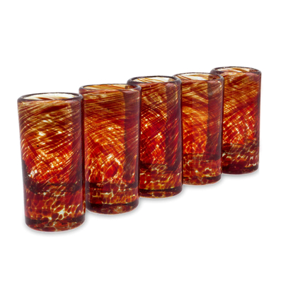 Blown glass shot glasses, 'Ripe Ruby' (set of 5) - Mexico Red Handblown Glass Recycled Shot Drinkware Set of 5