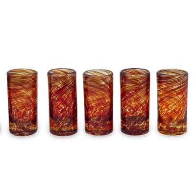 Blown glass shot glasses, 'Ripe Ruby' (set of 5) - Mexico Red Handblown Glass Recycled Shot Drinkware Set of 5