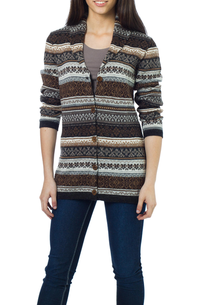 100% alpaca cardigan, 'Sepia Forest' - Peru Brown Jacquard Knit 100% Alpaca Cardigan Sweater