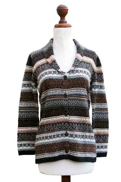 100% alpaca cardigan, 'Sepia Forest' - Peru Brown Jacquard Knit 100% Alpaca Cardigan Sweater