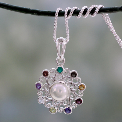 Multi-gemstone pendant necklace, 'Rainbow Halo' - Handcrafted Silver Necklace with Cultured Pearl and Gems