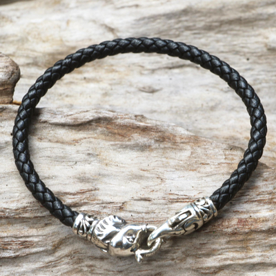 Sterling silver and leather cord bracelet, 'Elephant Clasp' - Elephant Clasp Black Leather Cord Bracelet