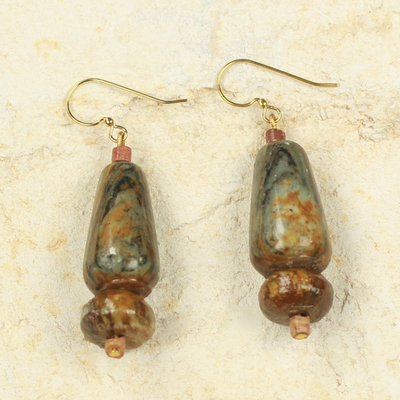 Soapstone and bauxite dangle earrings, 'Thanks for Helping' - African Handcrafted Natural Soapstone Earrings