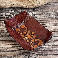 Leather catchall, 'Floral Star' - Leather Catchall in Honey Brown Artisan Crafted in Peru