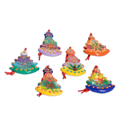 Ceramic ornaments, 'Christmas Tree' (set of 6) - Handmade Tree Ceramic Ornaments (Set of 6)