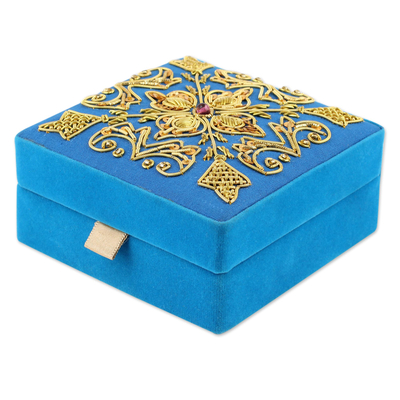 Embroidered velvet box, 'Royal Sky' - Blue Embroidered Decorative Wood Box from India