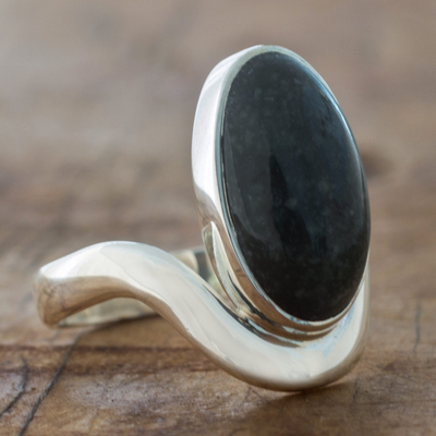 Jade cocktail ring, 'Secret of the Earth' - Dark Green Jade on Sterling Silver Artisan Crafted Ring