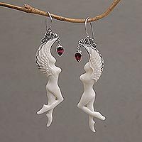 Garnet dangle earrings, 'Dancing Angels' - Garnet and Bone Angel Dangle Earrings from Bali