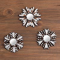 Aluminum wall mirrors, 'Snowy Reflection' (set of 3) - Aluminum and Cedar Wood Snowflake Wall Mirrors (Set of 3)