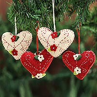 Wool felt ornaments, 'Joyful Hearts' (set of 4) - Handcrafted Felt Heart Ornaments in Red and Ivory (Set of 4)