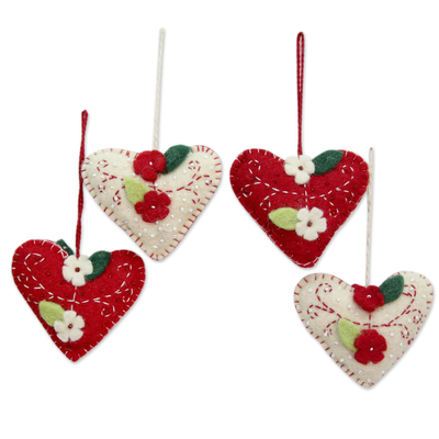 Wool felt ornaments, 'Joyful Hearts' (set of 4) - Handcrafted Felt Heart Ornaments in Red and Ivory (Set of 4)
