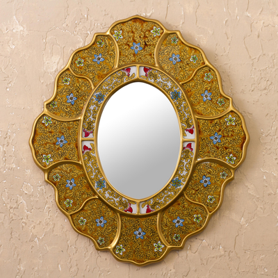 Reverse-painted glass wall mirror, 'Floral Gold' - Gold-Tone Floral Reverse-Painted Glass Wall Mirror