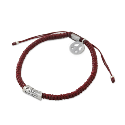 Silver accented cord bracelet, 'New Day' - Dark Red Cord Flower Motif Bracelet with Silver Peace Charm
