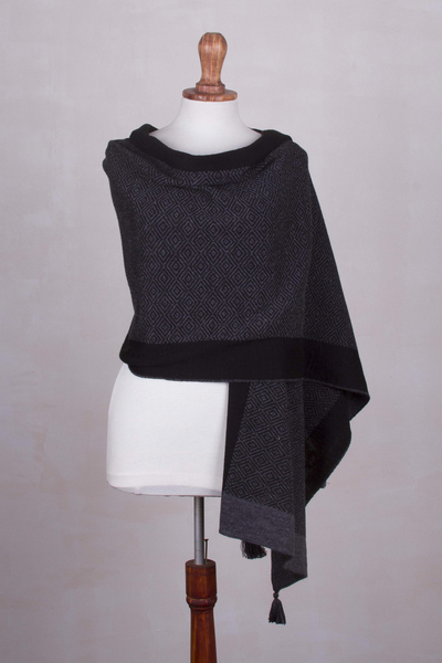 Alpaca blend shawl, 'Wintry Diamonds' - Alpaca Blend Geometric Shawl in Slate and Black from Peru