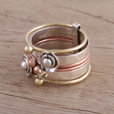 Sterling silver and copper meditation spinner ring, 'Metallic Flowers' - Fair Trade Sterling Silver Copper and Brass Meditation Ring