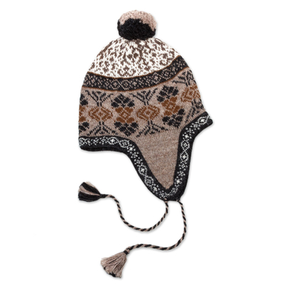 100% alpaca chullo hat, 'Andean Patterns' - 100% Alpaca Chullo Hat in Tan and Eggshell from Peru