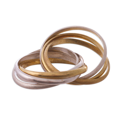 18k gold and sterling silver multi-band ring, 'Seven Circles' - Mixed Metal Multi-Band Ring in Sterling Silver and 18k
