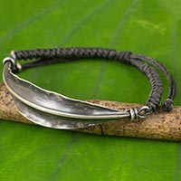 Silver wristband bracelet, 'Grey Bamboo Leaf' - Handmade 925 Silver Bamboo Leaf on Grey Wristband Bracelet